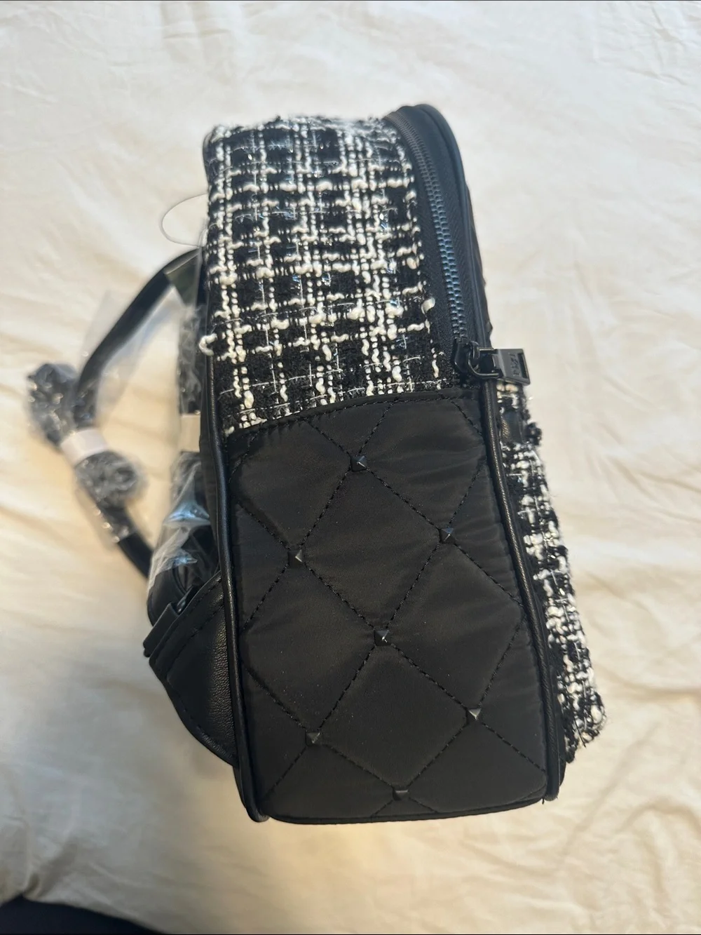 Badgley Mischka Black and White Quilted Tweed Mini Backpack